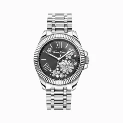Store Damenuhr mit 33 mm, schwarzem Zifferblatt und weißen Blumen silberfarben Damen Uhren|Damenuhren